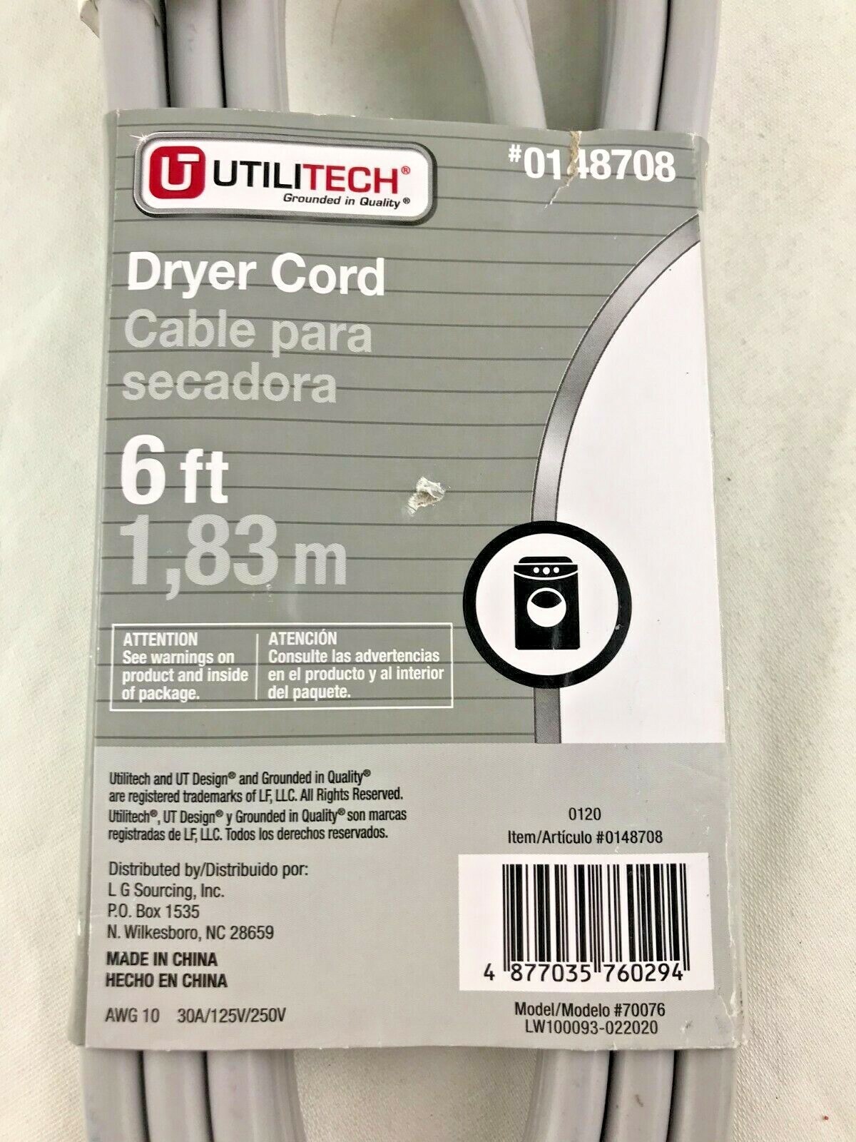 Utilitech 6 foot 3 Prong Dryer Cord #0148708 NEW