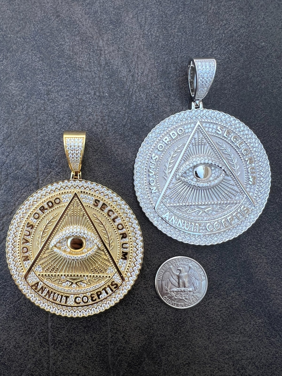 Pre-owned Harlembling Moissanite Huge 3" All Seeing Illuminati Eye Masonic Medallion Necklace Silver