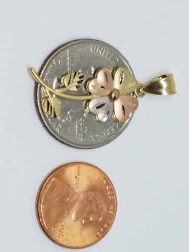 Pre-owned Handmade Gold 14k Good Luck Lucky Pendant Flower Clover Rose Charm Necklace Gift 1.35" In Pink