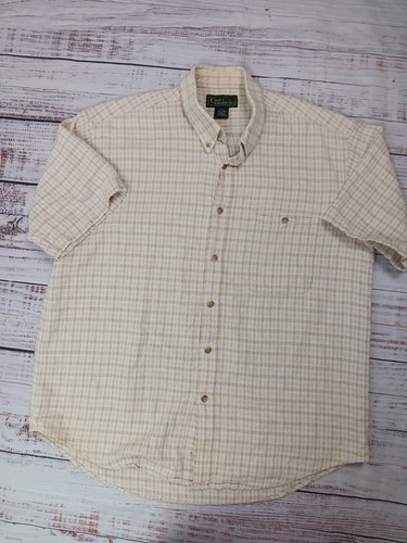 Croft & Barrow Shirt Men’s Large Beige Plaid Short Sleeve Linen Cotton Blend