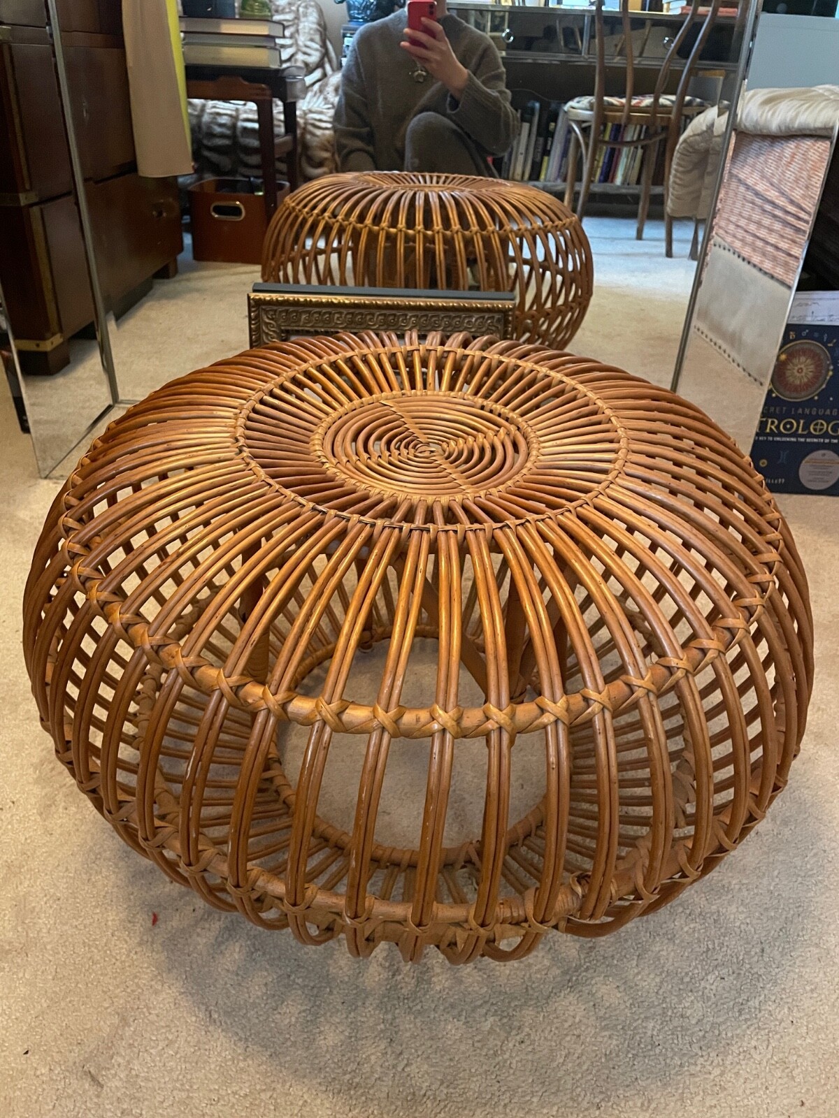 Vintage MCM Franco Albini Rattan Pouf Ottoman 24” wide/14 Vintage MCM Franco Albini Rattan Pouf Ottoman 24” wide/14