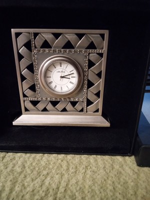 SETH THOMAS DESK CLOCK-PEWTER-RHINESTONES- ART DECO 3-1/2''