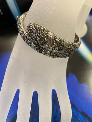 VINTAGE MARCASITE 925 STERLING SILVER OPEN CUFF BANGLE SNAKE