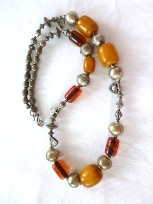 Tribal Look Artisan 32'' Butterscotch Amber Necklace Amber & Silver Beads