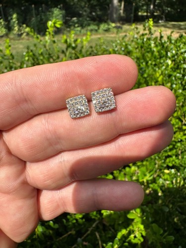 Pre-owned Silver 1.32ct Vvs Real Diamond Men's Solid 14k Yellow Gold Iced Hip Hop Square Earrings In White