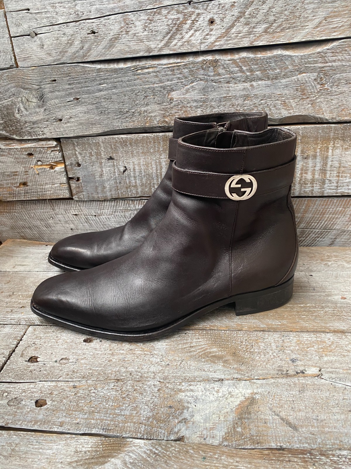 Gucci By Tom Ford Brown Leather Interlocking GG Ankle Zip Side