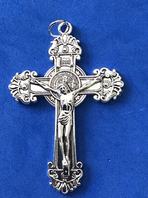 St BENEDICT Crucifix Cross 3.25  Silver Tone Metal Saint