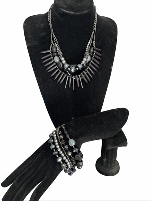 Pilgrim Danish Design Black Beaded Layered Necklace & Bracelet 