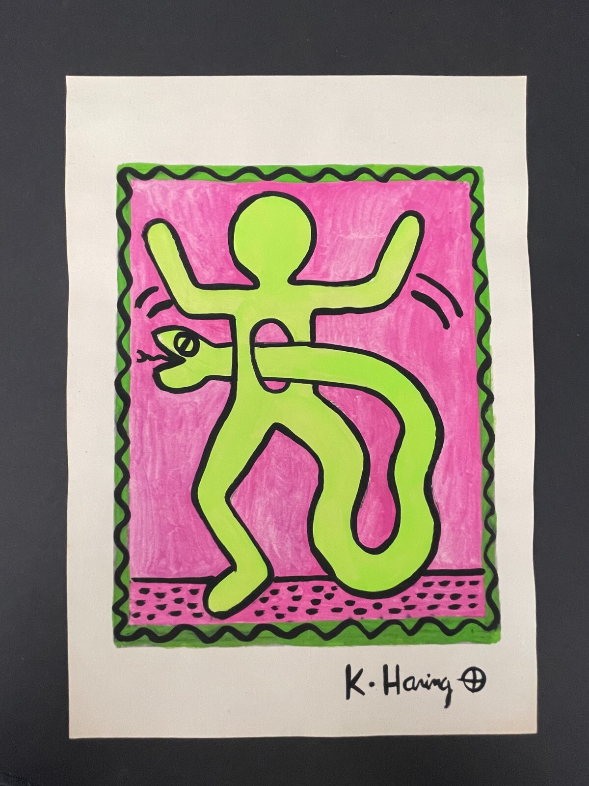 Keith Haring Signed Abstract Painting on Paper - Snake 11.75