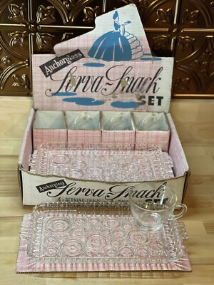 Vintage Anchor Glass   Serva Snack Set   50 s Original Box Retro Bubble Pattern