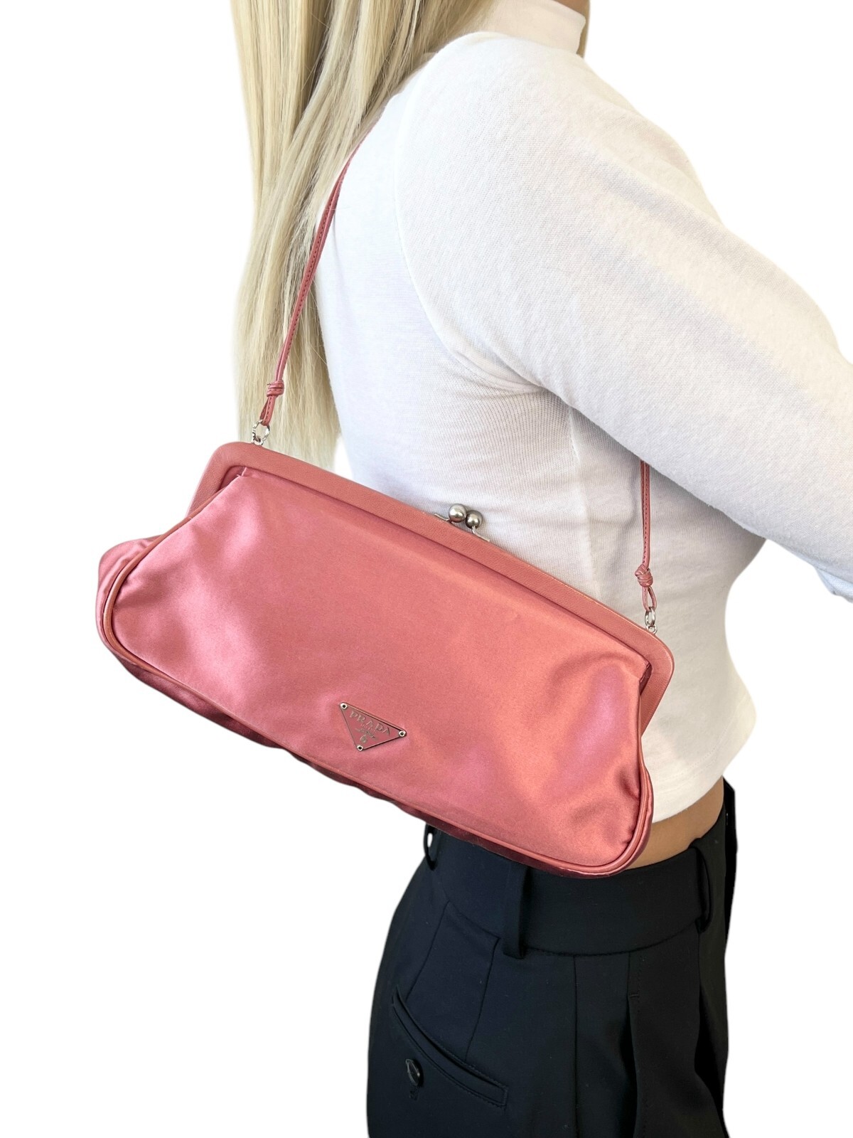 PRADA Vintage Logo Satin Shoulder Bag Pouch Pochette Pink PRADA Vintage Logo Satin Shoulder Bag Pouch Pochette Pink