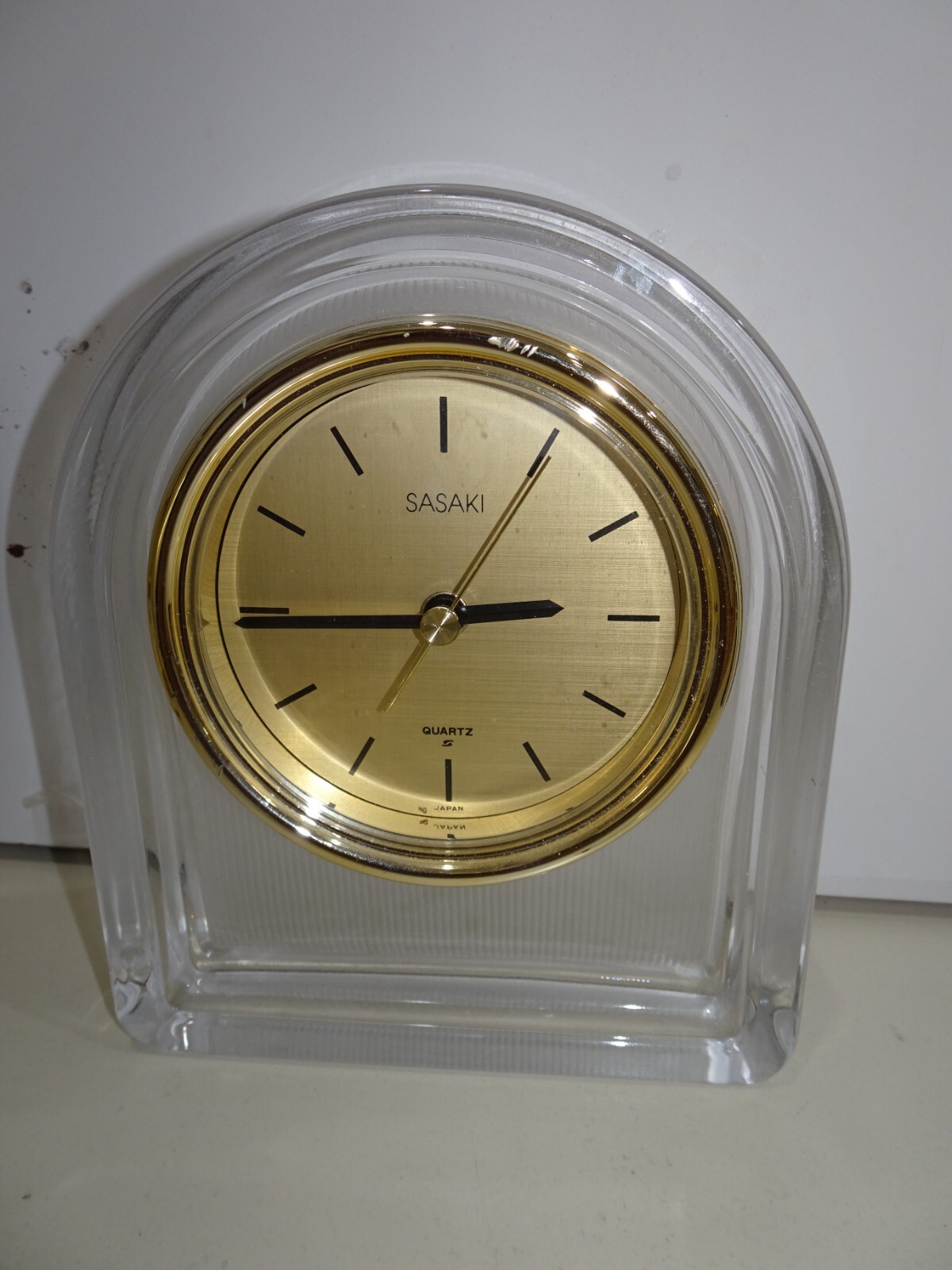 Mid Century Sasaki Japan Quartz Heavy Crystal Glass Mantel Desk Clock Working!