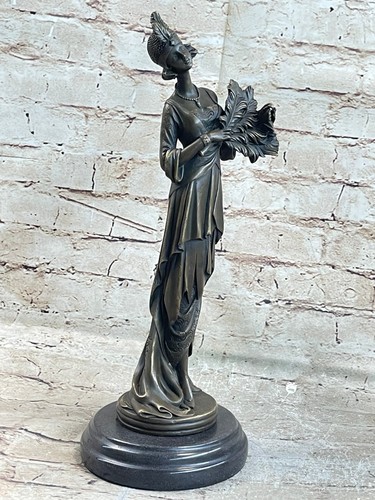 Vintage Large Nude Dancer With Feather Cloth Bronze Art Nouveau Sculpture Statue