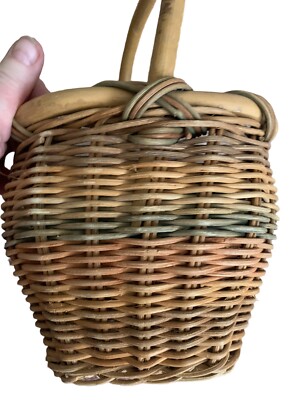 Small Hand Woven Wicker Basket w Reed Handle 6 x 10 Muted Pink Green Brown NICE!