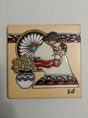 Lindos Keramic Tile Vintage Folk Art Archaeolgical site Stunning Colors and Glaze Wall Hanger Mid Century Chic Hand Made and Painted