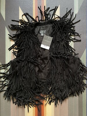 Schwarze Echtleder Suede Fransen Weste von Topshop
