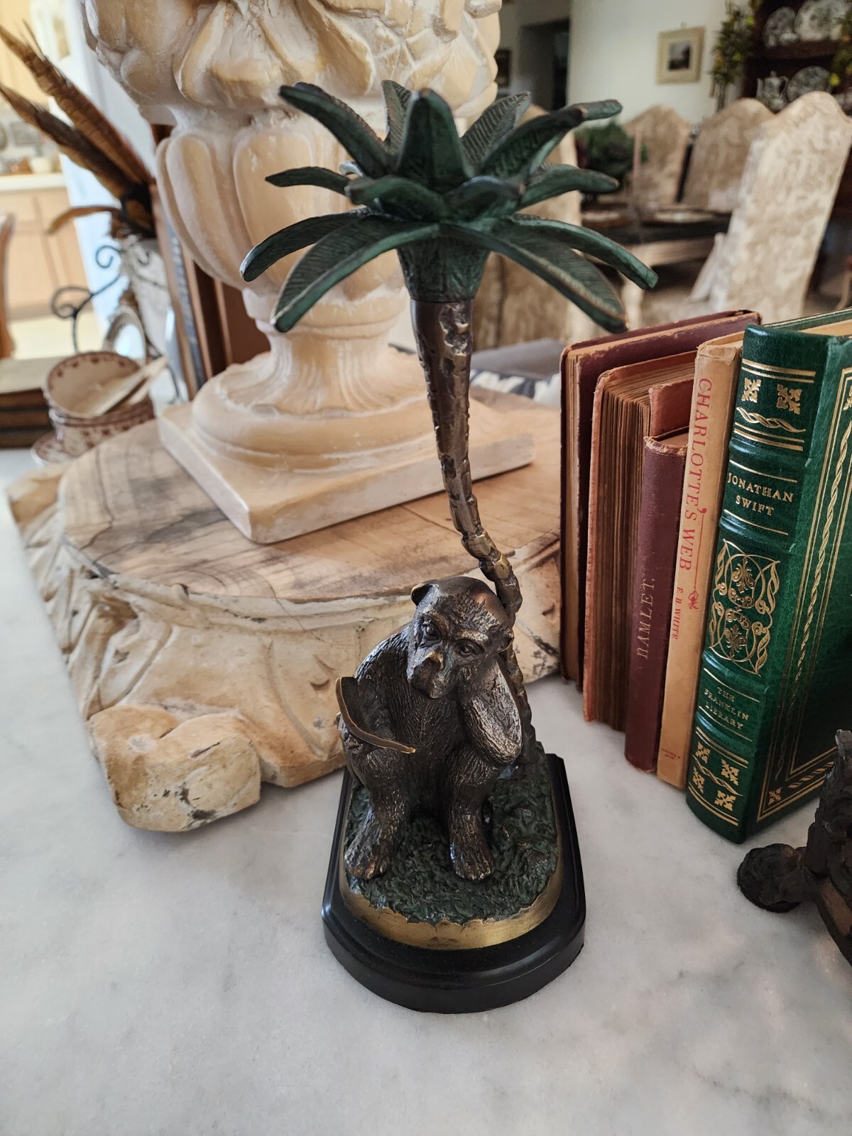 Brass & Bronze Monkey Under Palm Tree Candle Holder/Bookend, Mediterranean