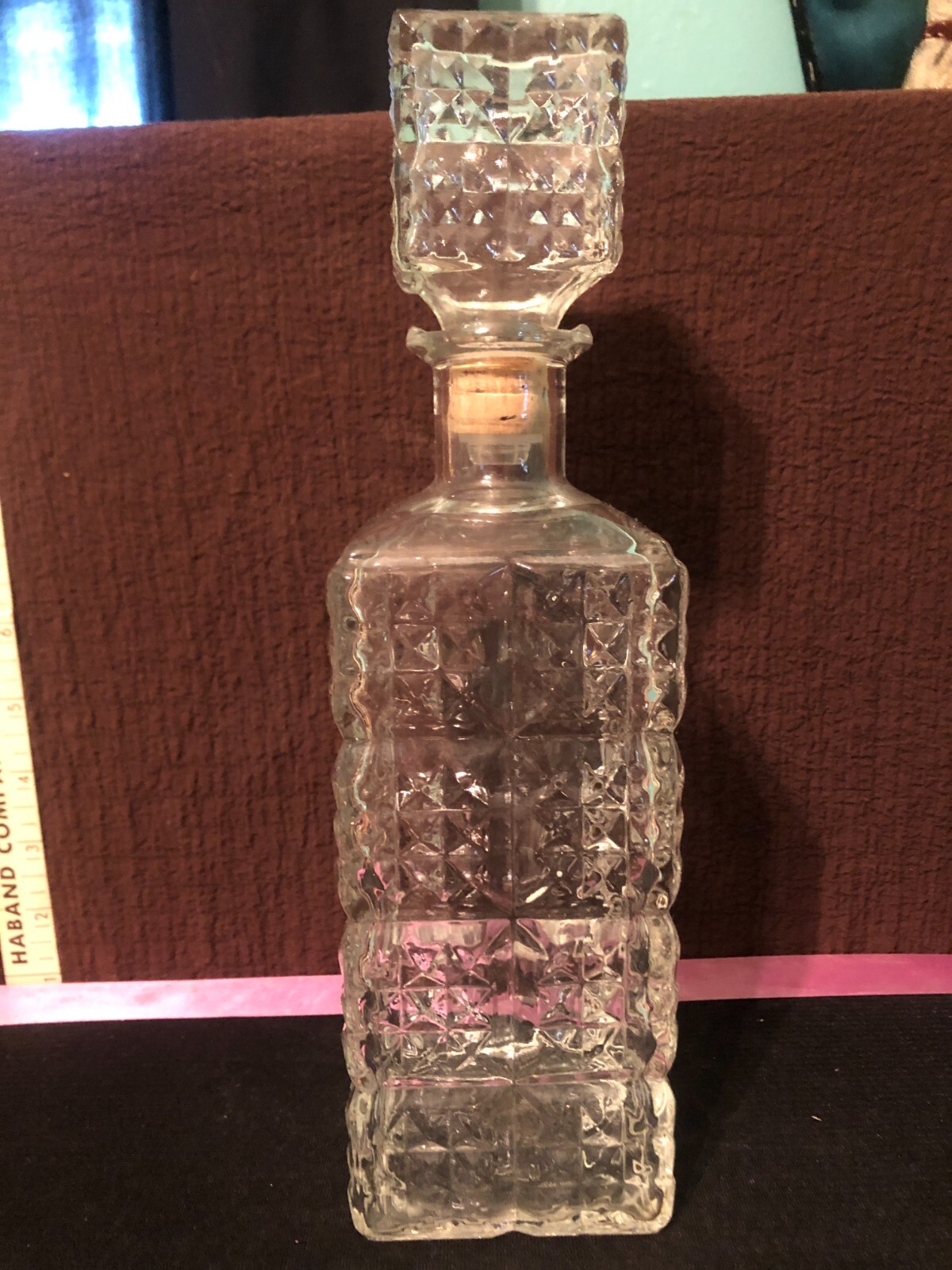 vntg large heavy clear cut glass decanter whiskey bottle