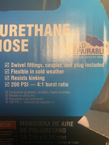 GRIP RITE 1/4” X 50' GRIP RITE Polyurethane AIR HOSE, Brass Coupler & Plug