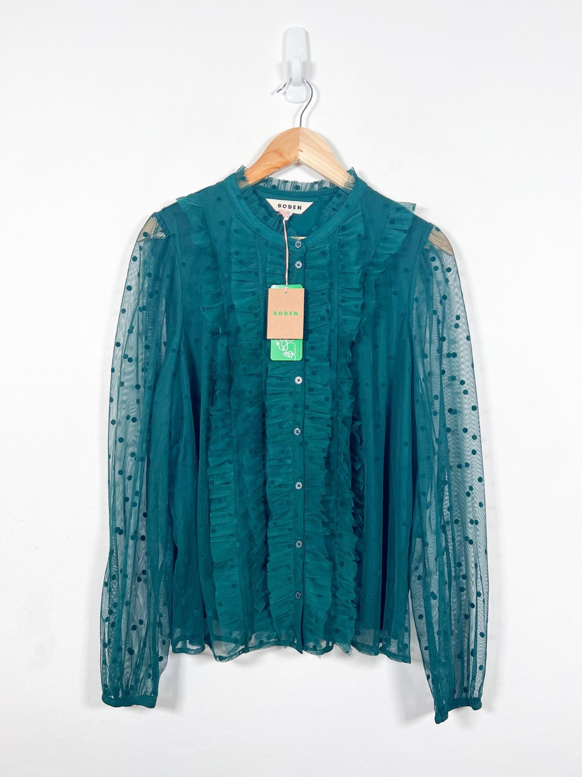 Boden Blouse Womens Size 18 Frilled Tulle Spotty Long Sleeve Top Shirt New