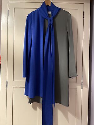 PRINGLE OF SCOTLAND Dress Blue Cashmere Green Silk UK12 Designer RUNWAY NEW