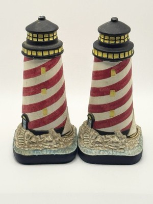 Vintage Nautical Lighthouse Resin Bookends Set Red White Striped Decor 7”