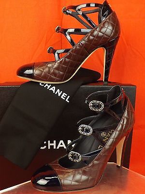 Pre-owned Chanel Burgundy Navy Quilted Leather Cc Logo Buckles Cage Pumps 40.5 $1050 In Red