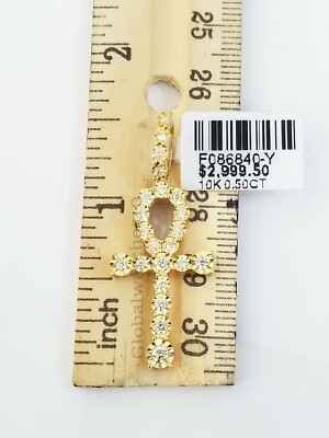 Pre-owned Globalwatches10 10k Yellow Gold 0.50 Ct Diamond Ankh Cross Men Women Charm Pendant 1.5" Realgold