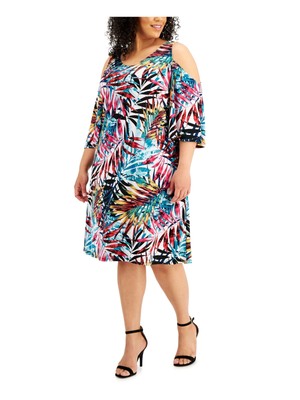 CONNECTED APPAREL Womens Turquoise Elbow Sleeve Fit + Flare Dress Plus 20W