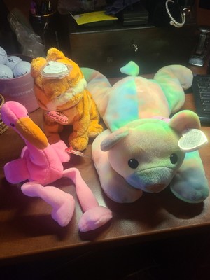 3 Lot RARE RETIRED TY BEANIE BABIES GARFIELD THE CAT, PINK FLAMINGO, ETC..