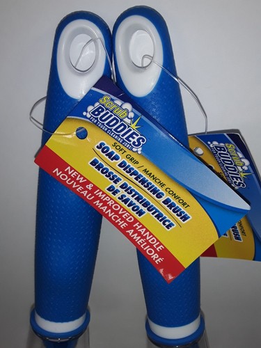 Set of 2 Scrub Buddies Holds Soap Liquid Dispensing Sponge Brush Soft Grip 