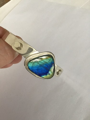 Modernist Sterling Silver Labradorite Compression Bracelet Signed Rudd OOAK