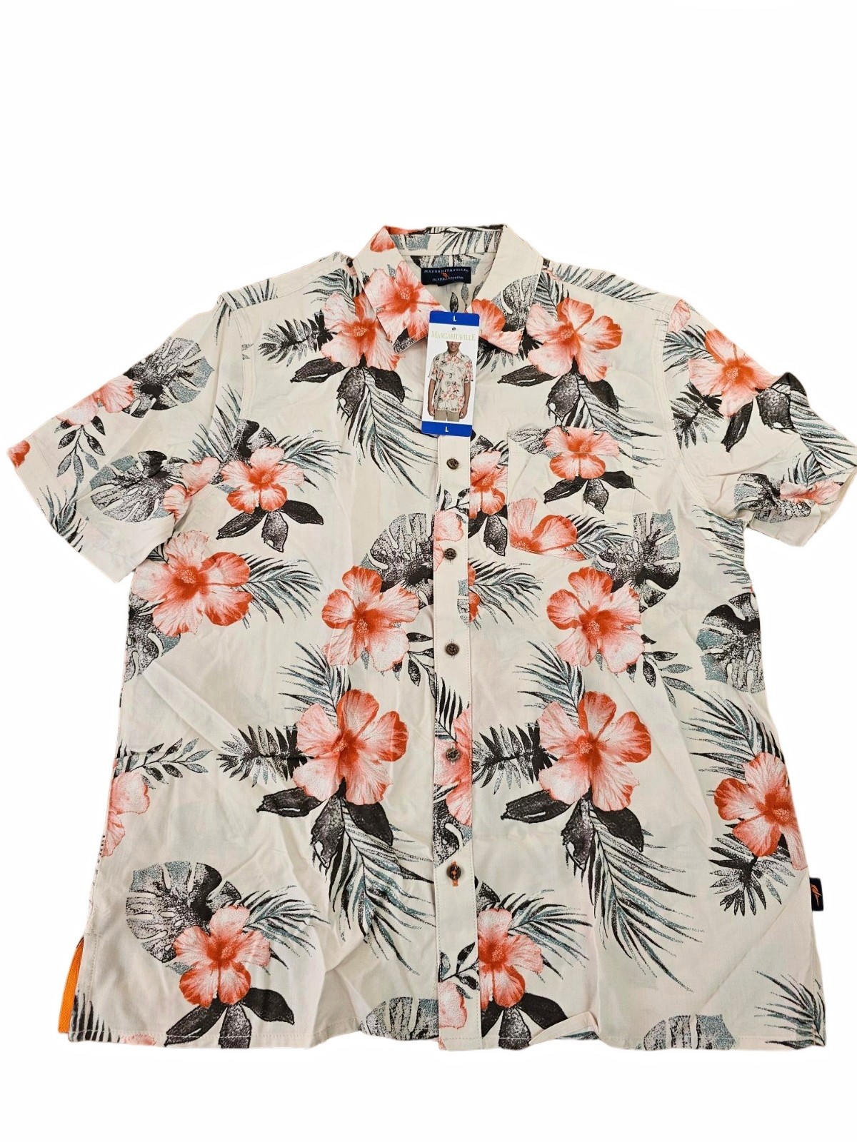 L / LARGE - GREY / FLORAL - Margaritaville Mens Button Down Short Sleeve Shirt