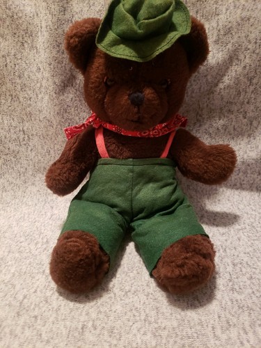 Vintage LL Bean Plush Bear wearing green hat & overalls with red kerchief