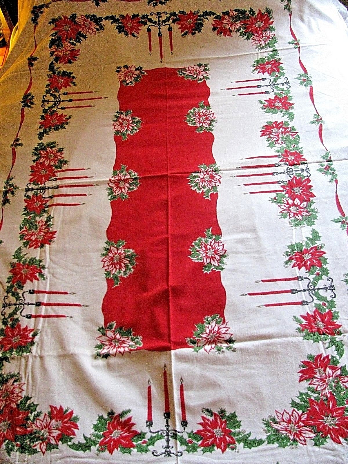 Vintage CHRISTMAS Tablecloth Red Center Red Poinsettia Candles 93