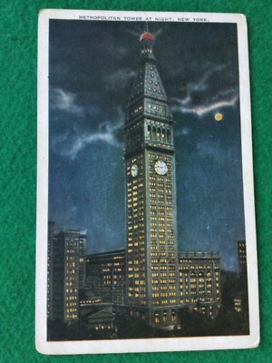 Linen Postcard, Metropolitan Tower at Night, New York City