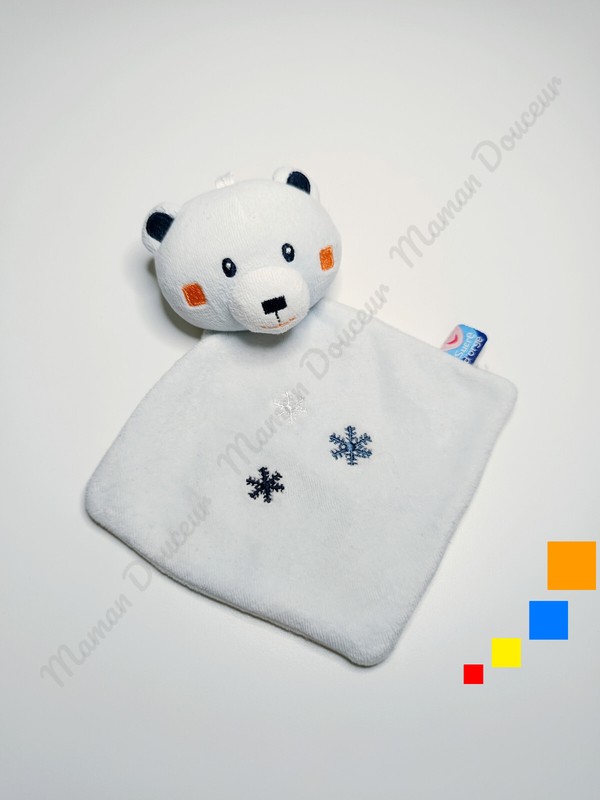 Doudou Plat/Mouchoir Ours Bleu Clair Flocons De Neige CarrÃ© Orange Sucre D'Orge