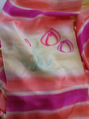 Vintage Japanese Obi Kimono Silk Fabric Uncut Fine Thin Hand Painted Tulip 20 yd