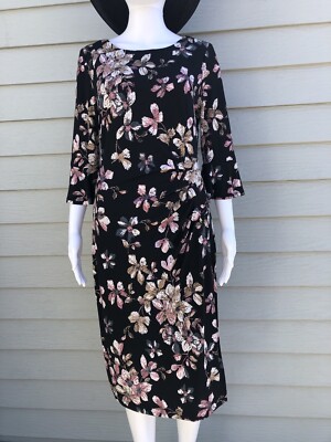 Connected Apparel NWOT Women's Black Floral Dress Ruched Sheath Pullover Size 8