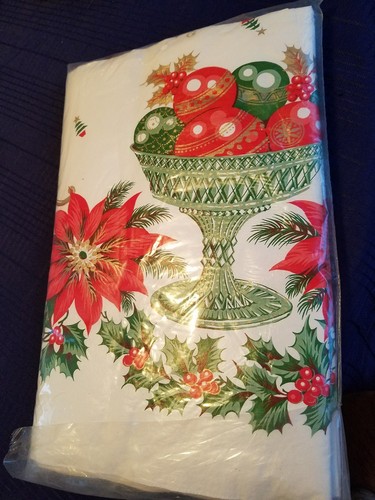 VTG NOS Flannel-Back Vinyl Christmas Tablecloth 52x70 Holly Candles Ornaments