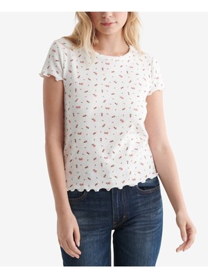 

LUCKY BRAND Женская белая футболка в рубчик с отделкой салата с короткими рукавами и круглым вырезом, Белый