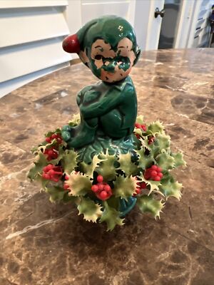 Inarco Ceramic Green Knee Hugger Pixie Elf Figurine Plastic Holly Wreath 1960s 