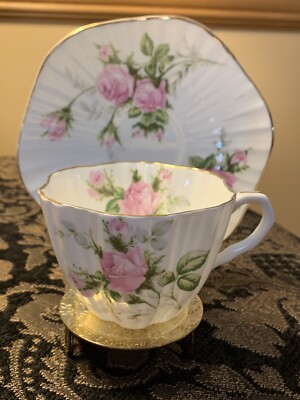 Vintage Gift for Her for Her Equestrian Gift Lucky Horseshoe Teacup and Saucer Blue and Pink Floral in an English Countryside