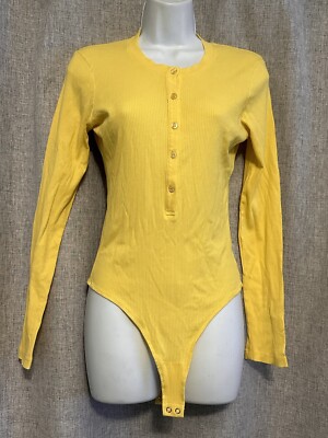 Monrow Womens Henley Long Sleeve Ribbed Crew Neck Bodysuit Tee Yellow Sz L $129