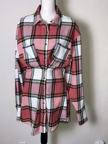 Zara NWOT Women's Pleated Plaid Tunic Flannel Shirt Size L Cinched Long Sleeve