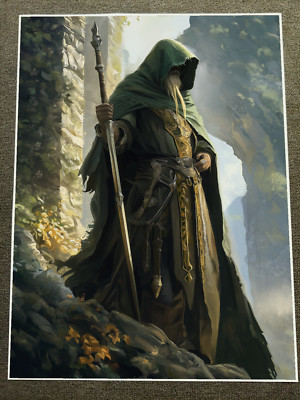 Mysterious Hooded Wizard in Enchanted Forest - Poster 18x24in