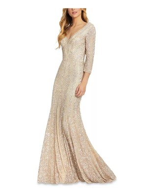 

MAC DUGGAL Женское вечернее платье во всю длину бежевого цвета на подкладке с рукавами 3/4 и V-образным вырезом, Бежевый