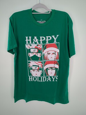 Naruto Mens Christmas Shirt XL Green Happy Holidays