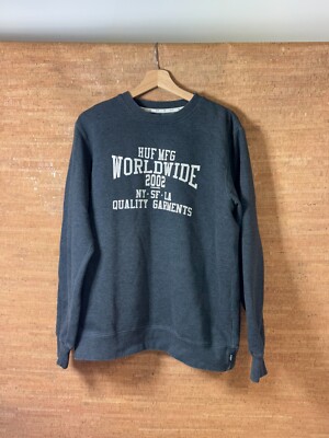 HUF Worldwide Crewneck Sweatshirt Gray Men's Sz Large Skateboarding Streetwear