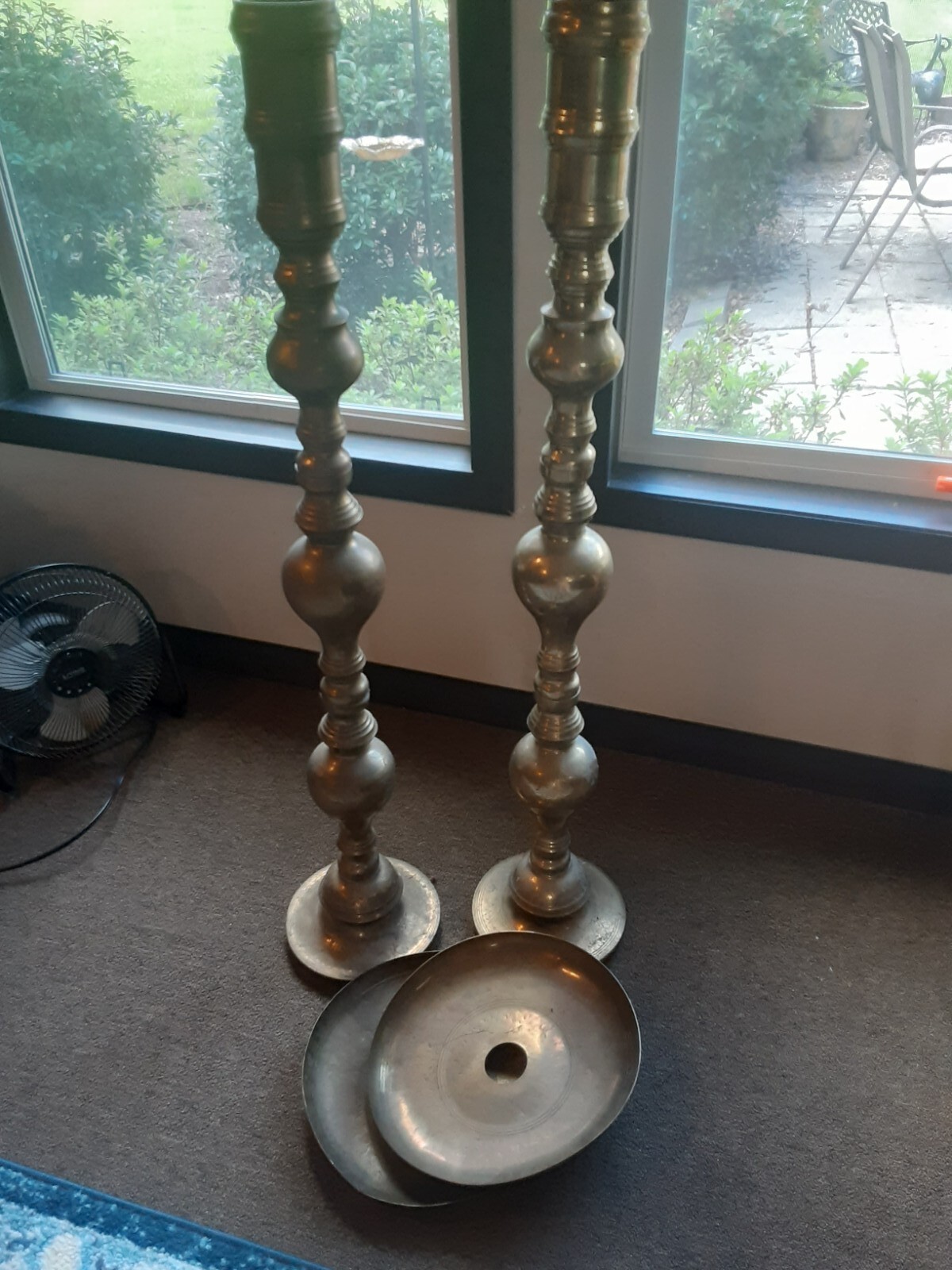 Vintage Moroccan Large Pillar Brass Candle Sticks Floor Altar Pair  37